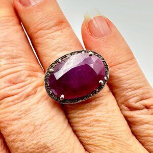 Large Ruby Diamond Sterling Silver Statement Ring Size 7 Weight 6 Grams